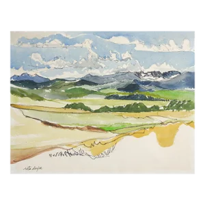Vintage Mid 20th Century Mountain Valley Watercolor Landscape Painting