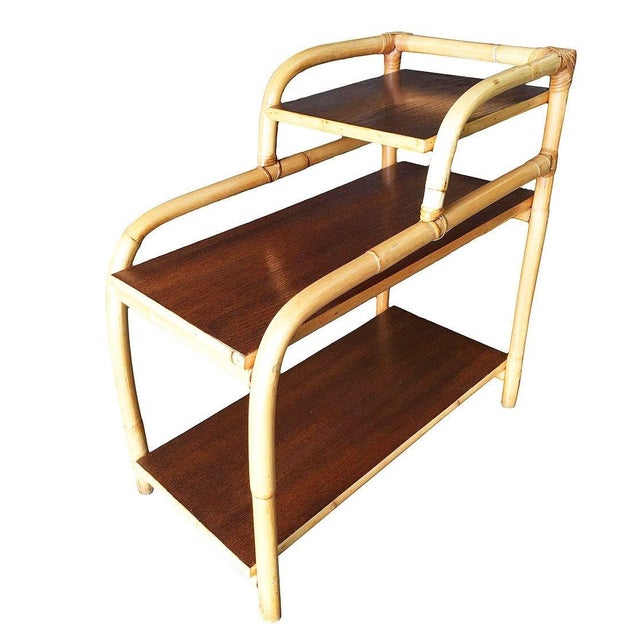 Mid-Century Modern Restored Mid-Century Rattan Side Lamp Table With Three-Tier Mahogany Tops For Sale - Image 3 of 7