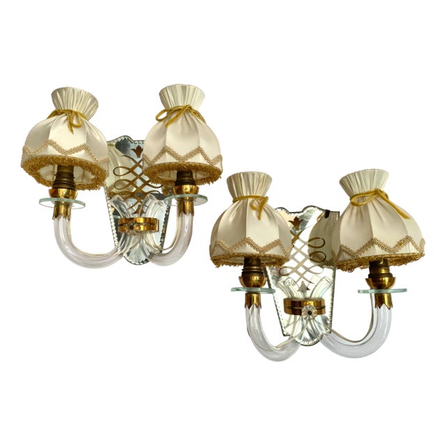 Art Deco Mirrored Brass Wall Sconces with Textile Shades, Italy, 1920s, Set of 2 For Sale