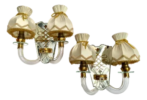 Art Deco Mirrored Brass Wall Sconces with Textile Shades, Italy, 1920s, Set of 2