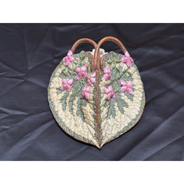 19th Century Majolica Leaf Wall Pocket – Pink Blossoms & Branch Handles – Relief Molded Continental Pottery, George Jones Style For Sale - Image 15 of 16