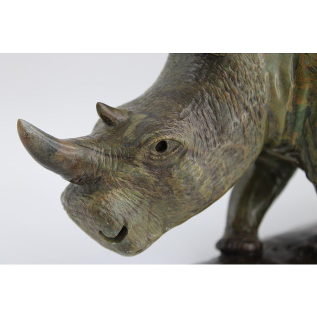 Gorgeous large-scale hand-carved verdite rhinoceros sculpture by master sculptor, James Tandi. Tandi was a classical...