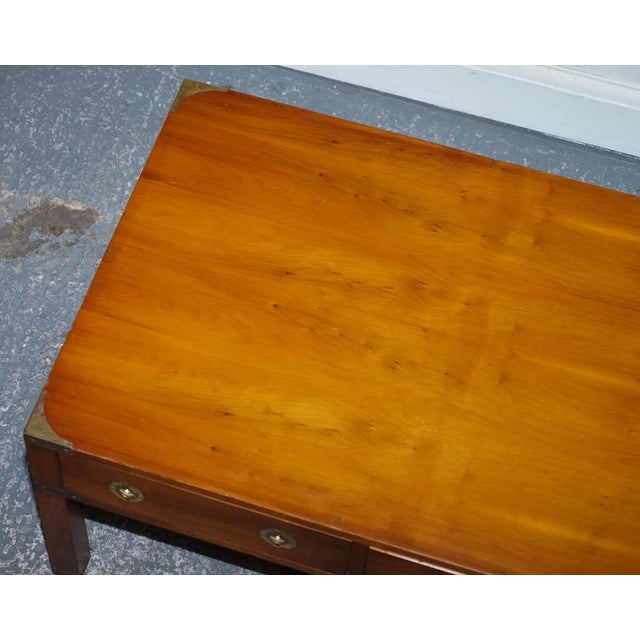 Vintage Military Campaign Burr Yew Wood and Brass 3-Drawer Coffee Table For Sale - Image 11 of 16