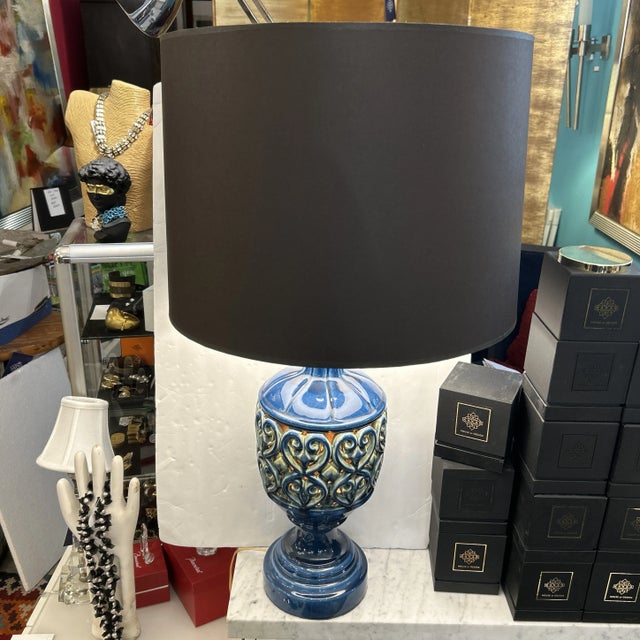 Blue Ceramic Openwork Tabletop Lamp With Top and Bottom Light Sources For Sale - Image 11 of 11