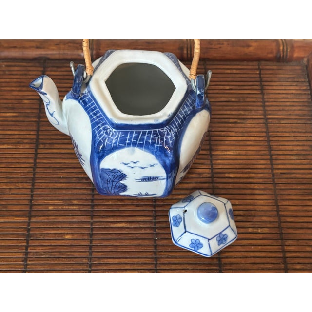 Wood 1980s Blue and White Japanese Landscape Porcelain Tea Pot For Sale - Image 7 of 8