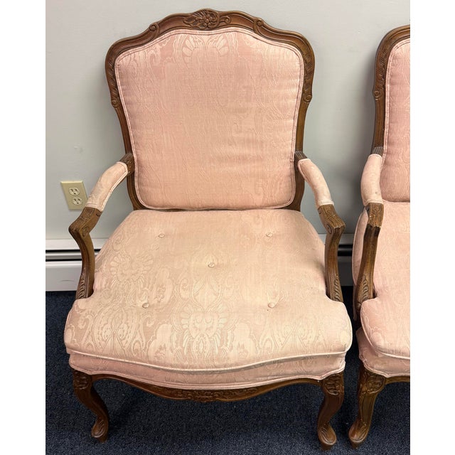 French Vintage Louis XV Upholstered Fauteuil Armchairs - A Pair For Sale - Image 3 of 11