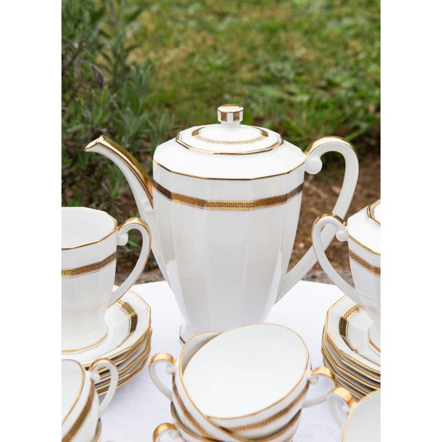 Ceramic Tea Set for 12, Limoges Porcelain, Gold Rim, Classic Greek Key Pattern (27 Pieces), 1930s, Set of 27 For Sale - Image 7 of 9