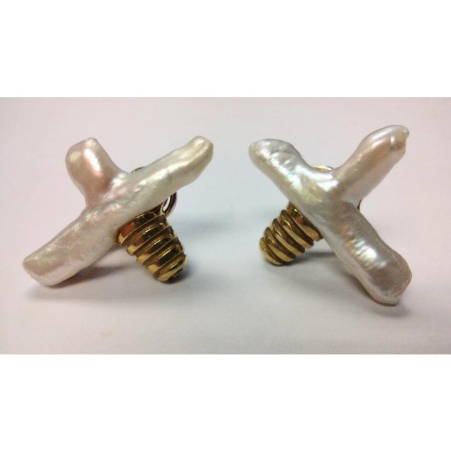 Christopher Walling X- shared pearl earrings - Baroque Pearls set in 18K Yellow Gold (Signature Style). Signed C. Walling...