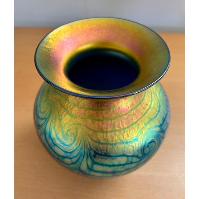 Van Gogh "Sunset Heart" Vase by Lundberg Studios. Measures 6.5" high and 6.5" wide. Stunning iridescent gold and blue...