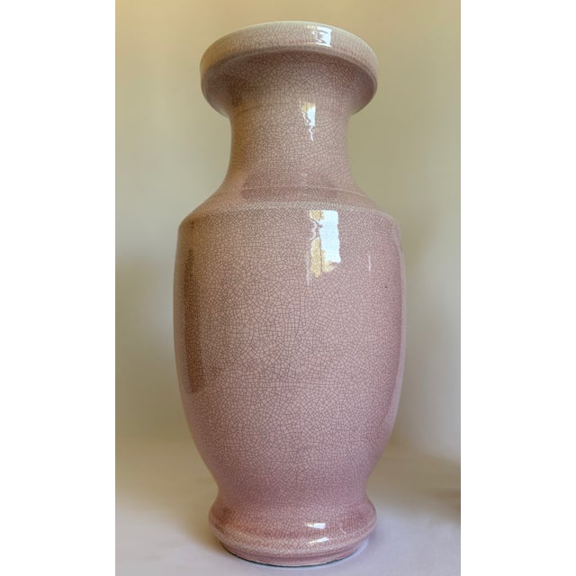 Modern Blush Pink Crackle-Glaze Ceramic Vases - Pair For Sale - Image 3 of 8