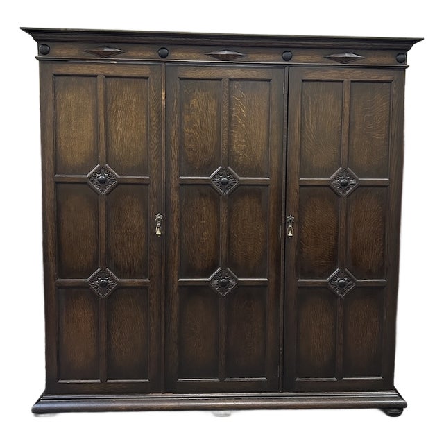 Antique English Oak Jacobean Revival Armoire c.1910 For Sale