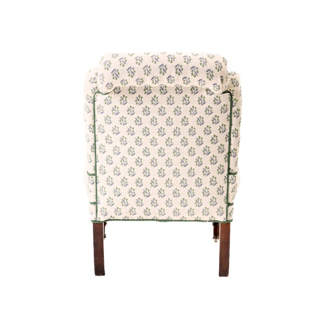 Antique Petite Slipper Chair upholstered in Ferrick Mason Caroline green/blue woven. Caroline is a small scale coordinate...