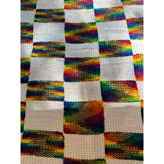 Red Vintage Hand Knit Grannie Square Checkered Afghan Throw For Sale - Image 8 of 11