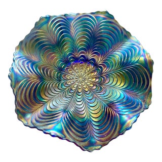 1910s Fenton Peacock Tail Blue Ruffled Dish For Sale