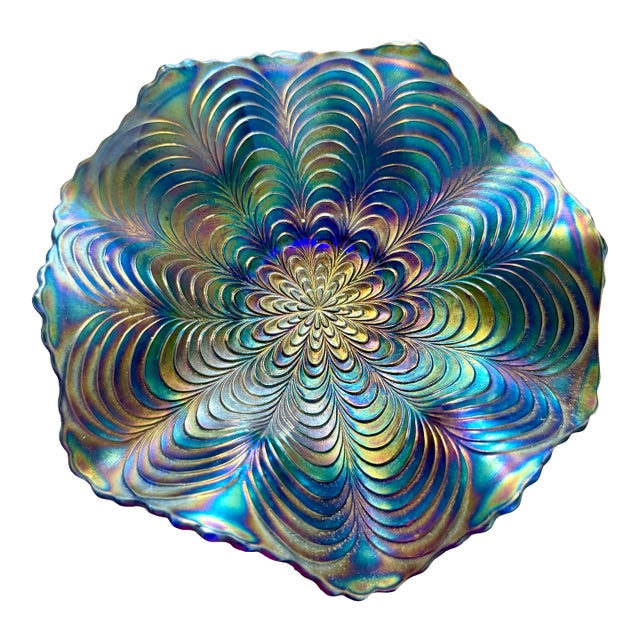 1910s Fenton Peacock Tail Blue Ruffled Dish For Sale