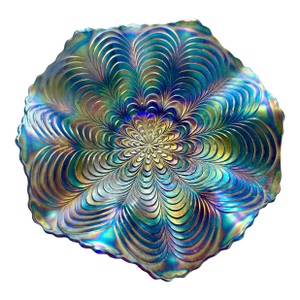 1910s Fenton Peacock Tail Blue Ruffled Dish