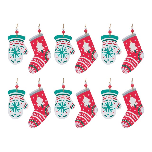 2020s Wood Mitten and Stocking Ornaments (Set of 12) For Sale - Image 5 of 5