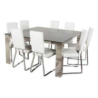 Glass and Leather Dining Table and Chairs from Bacher, Set of 9 For Sale