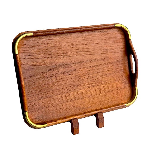 Vintage Mid 20th Century Brass Corner Teak Tray For Sale - Image 10 of 14