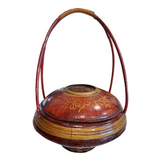 1940s Vintage Lacquered Cypress Chinese Basket For Sale