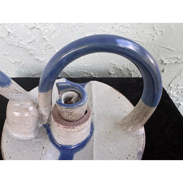 Mid-Century Studio Art Pottery Pouring Vessel – Blue & Beige Stoneware Cruet Form For Sale In Orlando - Image 6 of 11