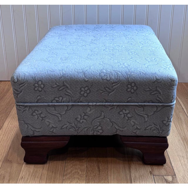 Mid 20th Century Biggs-Style Ottoman, Upholstered in Soft Blue Jacquard With Mahogany Base For Sale In Columbus - Image 6 of 9