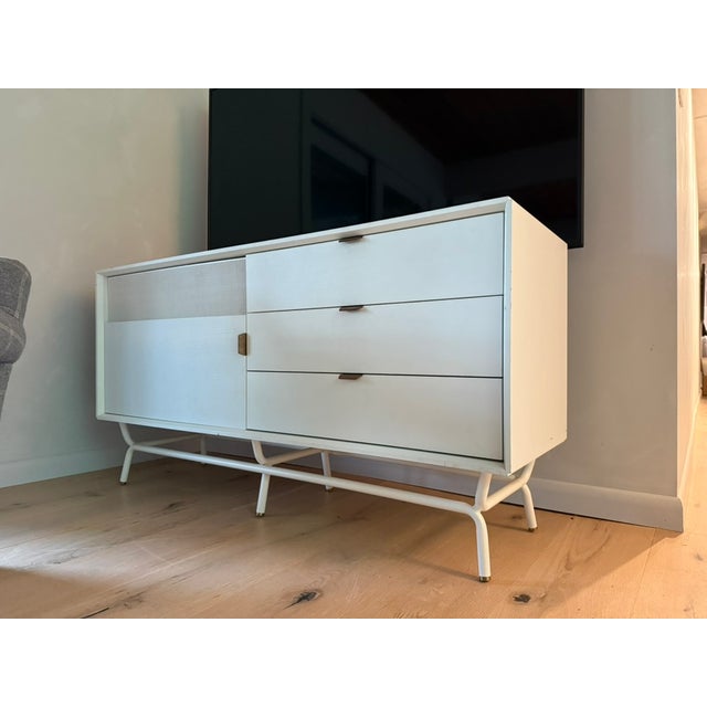 Attributed to Blu Dot Dang 1 door 3 drawer console. White painted oak veneer over engineered wood case, door, and drawers...