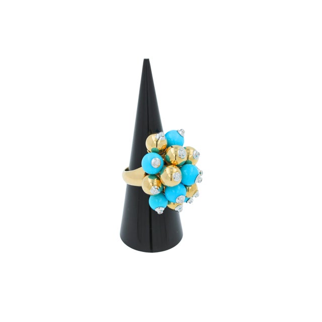 Blue Turquoise Diamonds Golden Spheres Balls Christmas Bells Motif 18k Gold Ring, Size 6 For Sale In Washington DC - Image 6 of 14