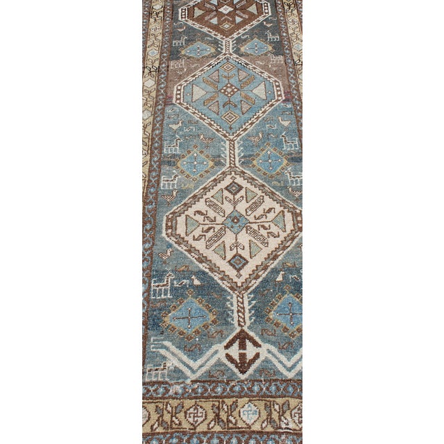 Textile Antique Persian Heriz Runner With a Series of Geometric Medallions in Sky Blue 2'8 X 15'6 For Sale - Image 7 of 12