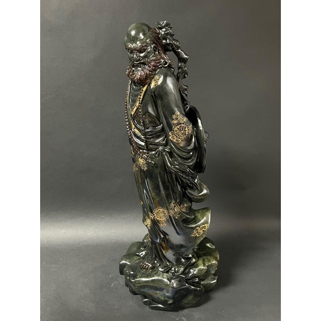 Stone Chinese Art Large Carved Dark Green Soapstone Bodhidharma Statue For Sale - Image 7 of 13