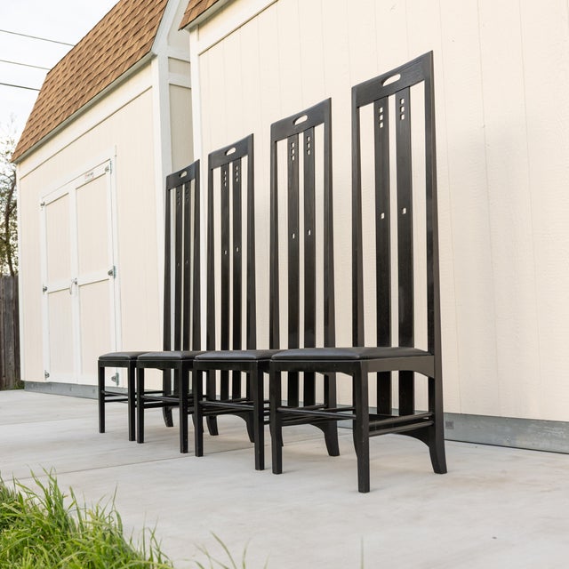 Charles Rennie Mackintosh 1970s Charles Rennie Mackintosh Style Ingram High Back Chairs — Set of 4 — Postmodern Gothic For Sale - Image 4 of 12