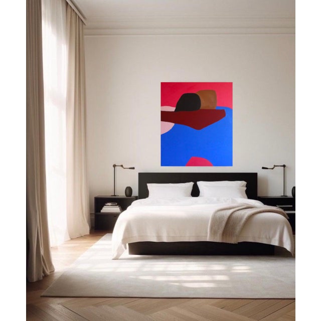 A bold exploration of color, balance, and movement, this contemporary abstract painting combines intense blue, vibrant...