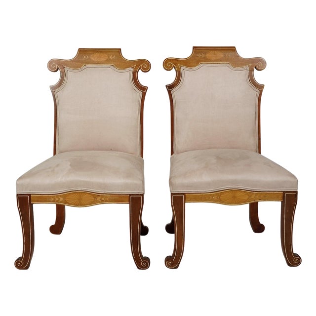 Pair Unusual Inlaid Edwardian/Neoclassical Style Slipper Chairs For Sale