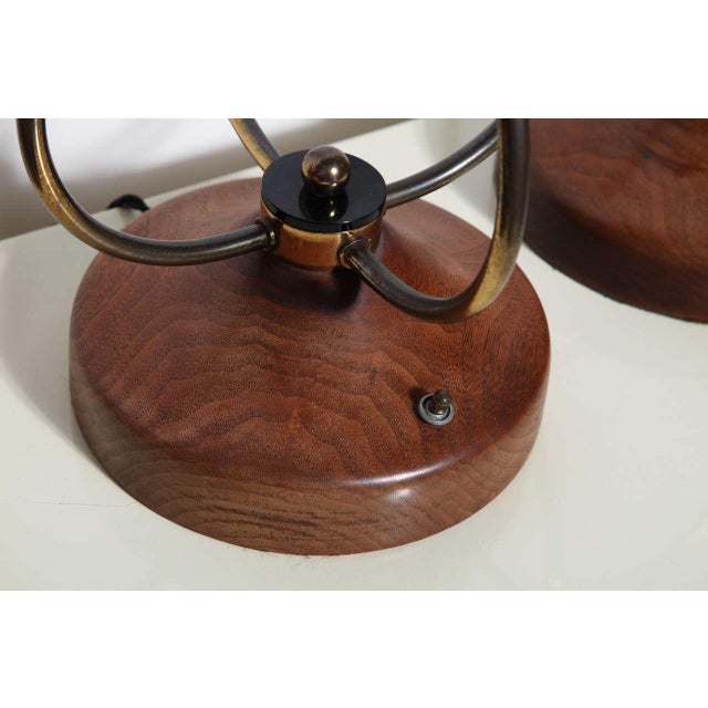 Wood Tall Brass, Walnut & Lucite "Scroll" Style Table Lamps, 1950's - A Pair For Sale - Image 7 of 10