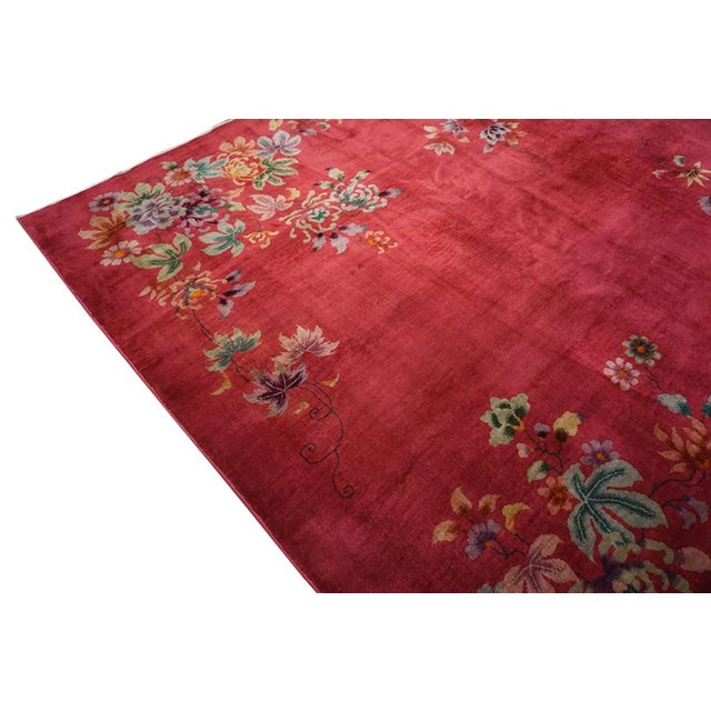 Art Deco Lovely Floral and Inspires Joy With Ruby Red Color Chinese - Art Deco Rug For Sale - Image 3 of 9