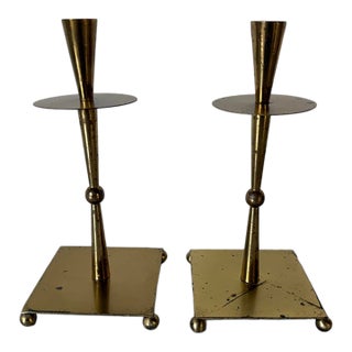 1970s Mid-Century Modern Brass & Metal Geometric Candle Holders – Pair For Sale