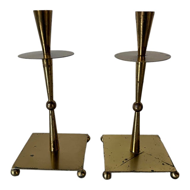 1970s Mid-Century Modern Brass & Metal Geometric Candle Holders – Pair For Sale