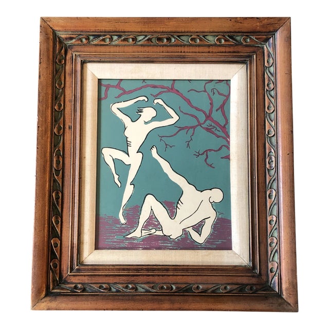 1960’s Original Modernist Abstract Block Print Male & Female Nude Figures Ornate Vintage Frame For Sale