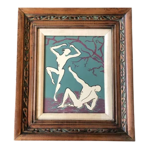 1960’s Original Modernist Abstract Block Print Male & Female Nude Figures Ornate Vintage Frame