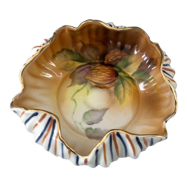 Vintage 1930s Woodland Noritake Morimura Hand Painted China Striped and Walnut Pattern Bowl For Sale