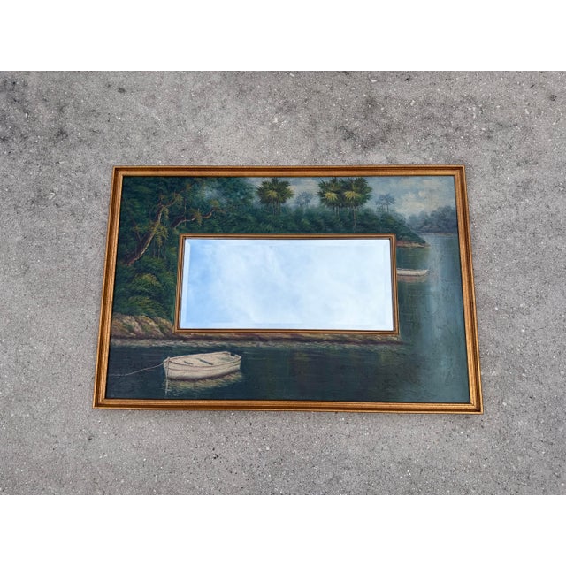 Hollywood Regency Vintage Hand-Painted Tropical Landscape Beveled Wall Mirror For Sale - Image 3 of 12