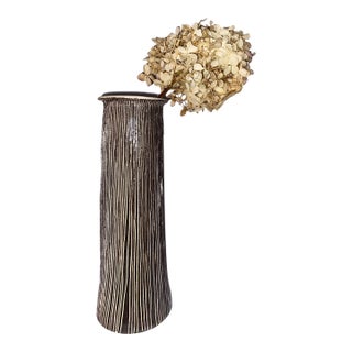 Mid Century Modern Textured Cylindrical Ceramic Vase With a Flared Cream Rim. For Sale