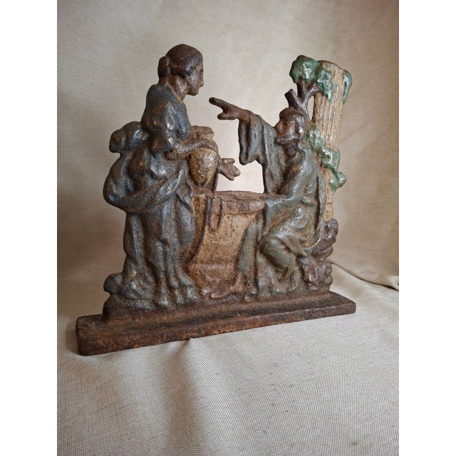 Antique Cast Iron "Rebecca at the Well" Biblical Figural Doorstop – Original Paint, C. 1890 For Sale - Image 4 of 16