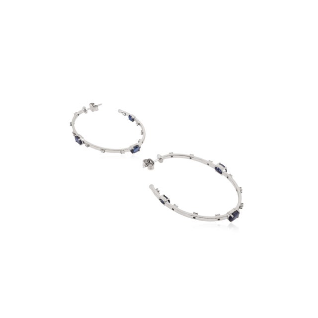 Classic European Inside Out Blue Sapphire Diamond 14k Gold Vintage Hoop Earrings For Sale - Image 9 of 15