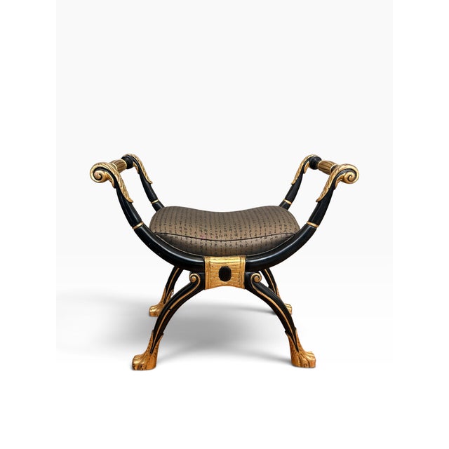 Maitland - Smith Vintage Maitland-Smith Neoclassical Black & Gilt Curule Bench With Asian Calligraphy Upholstery For Sale - Image 4 of 14