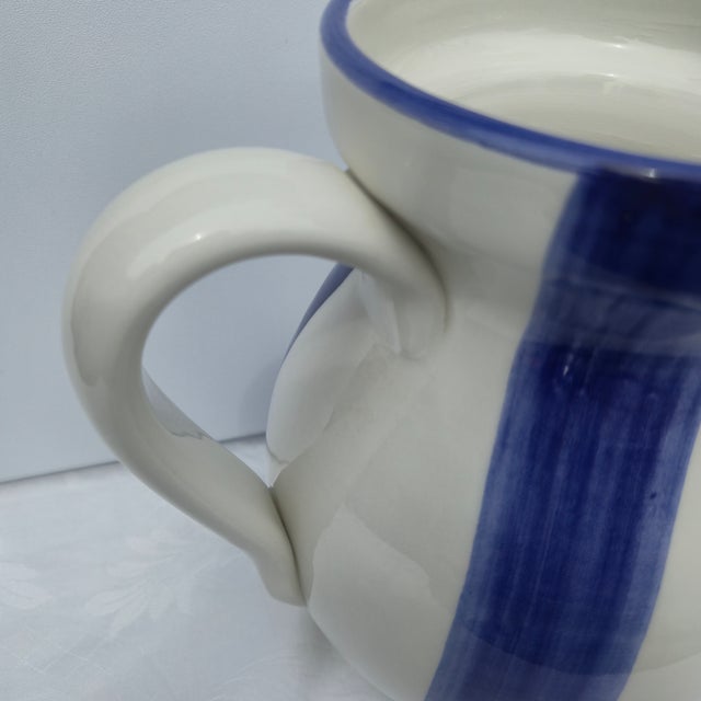 Vintage Hand-Painted Italian Blue & White Ceramic Pitcher | Mediterranean Farmhouse Artisanal Pottery Vase For Sale - Image 10 of 11