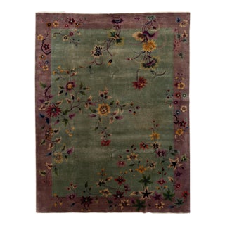 Antique 1920s Art Deco Chinese Nichols Rug in Sage Green & Plum Floral Design For Sale