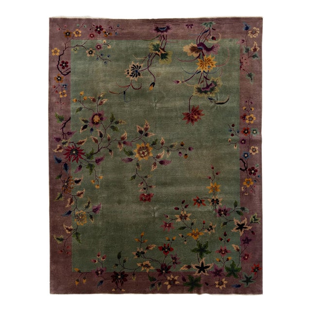 Antique 1920s Art Deco Chinese Nichols Rug in Sage Green & Plum Floral Design For Sale