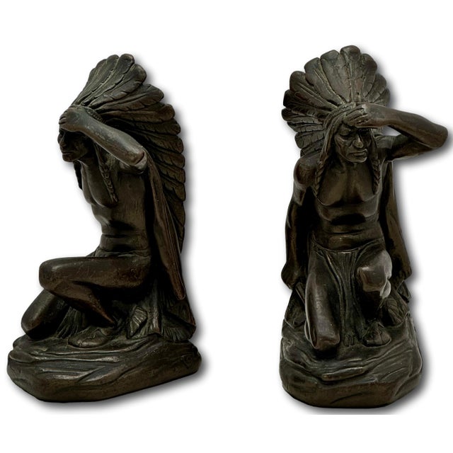 Native American Large & Unusual Antique Native American Indian Motif Bronze Clad Bookends Signed Ruhl - Circa 1910s For Sale - Image 3 of 18