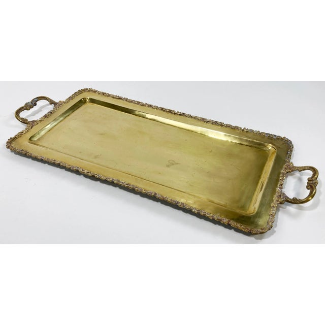 Vintage Large Rectangular Scrolled Edge Handled Brass Tray For Sale - Image 4 of 9